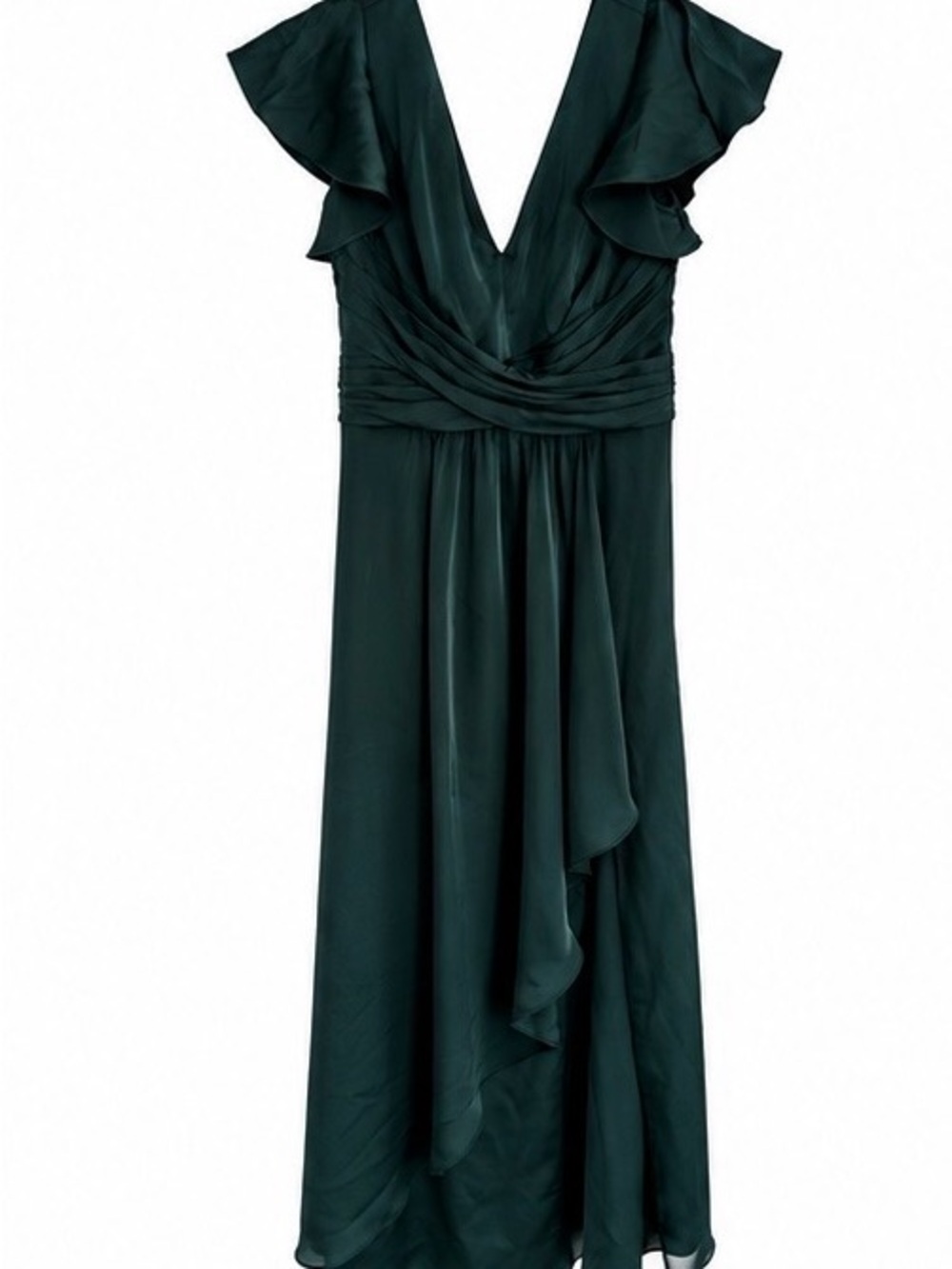 Azazie Pine Bridesmaid Dress size 8. Stretch Satin. Leg slit. Flutter sleeves.